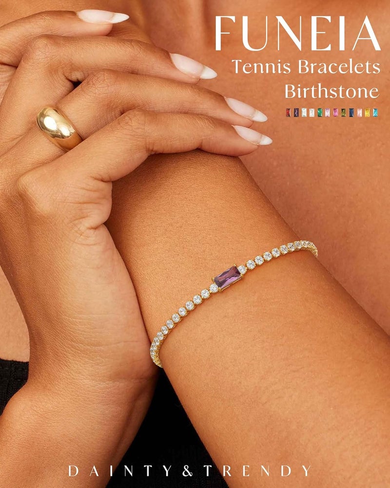 FUNEIA Birthstone Gold Tennis Bracelets for Women Trendy Non Tarnish Dainty 14K Gold Plated Diamond Bracelet Stack Cute Stackable Blue Green Red Friendship Bracelets Jewelry Gifts for Best Friend - Image 2